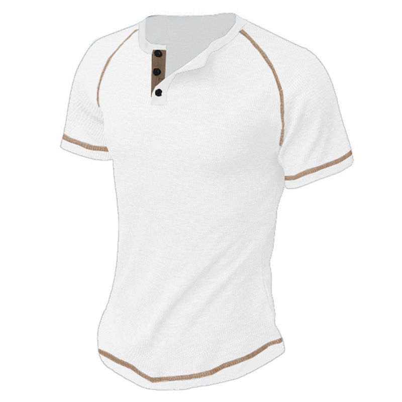 Unbeatable Quality V-neck Buckle Men's Summer Solid Color Waffle Casual Sports Short Sleeved Henry T-shirt_voghion.com