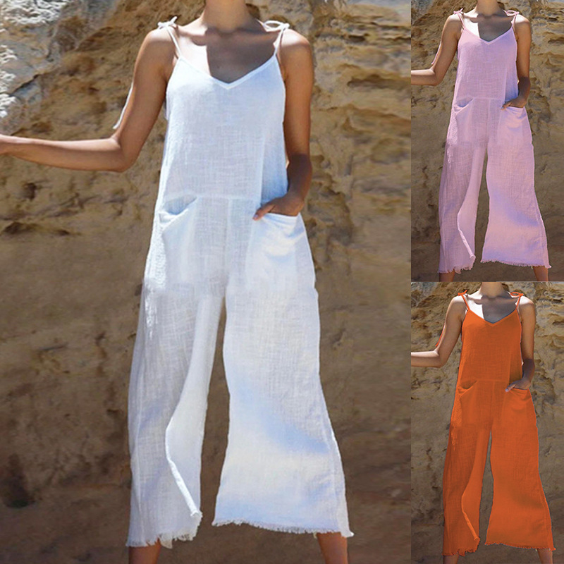 Damen-Overall aus einfarbigem Bambus-Leinen mit sexy Hosenträgern_voghion.com