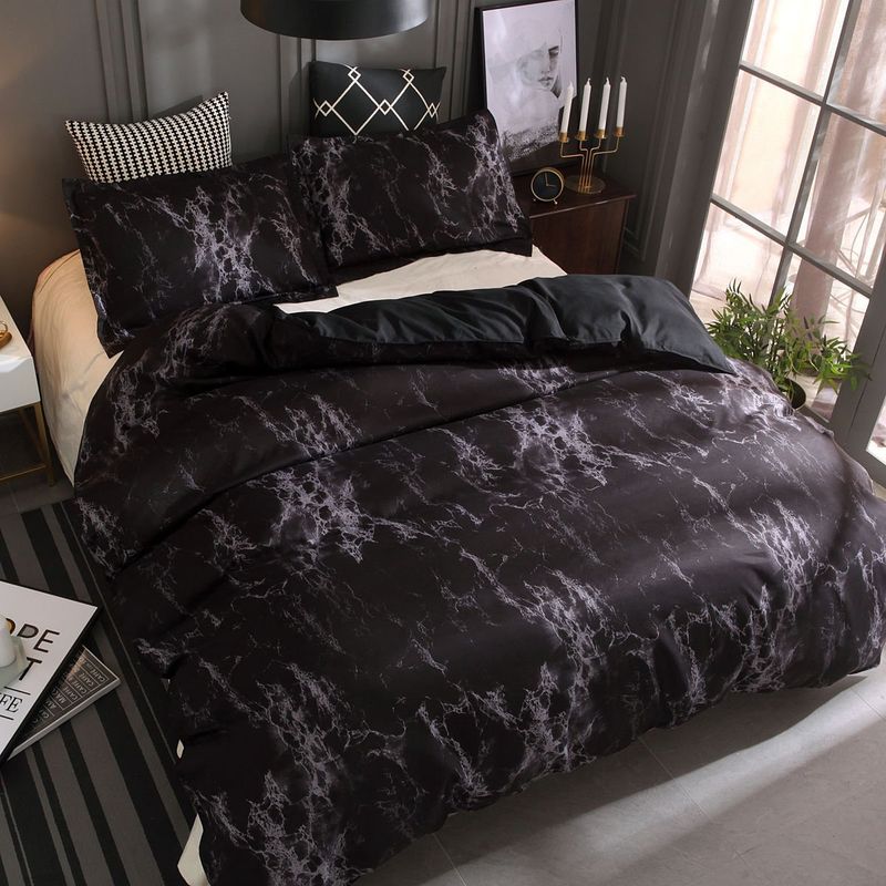 Housse de couette en marbre noir double face motif pierre ensemble de luxe trois pièces_voghion.com