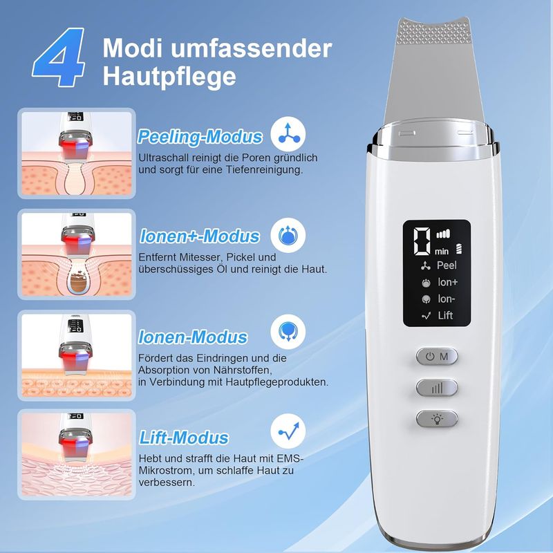 Yeerain Ultraschall-Hautwäscher, Porenreiniger für das Gesicht mit 4 Modi, einstellbarer Intensität, rotem und blauem Licht, LED-Anzeige_voghion.com
