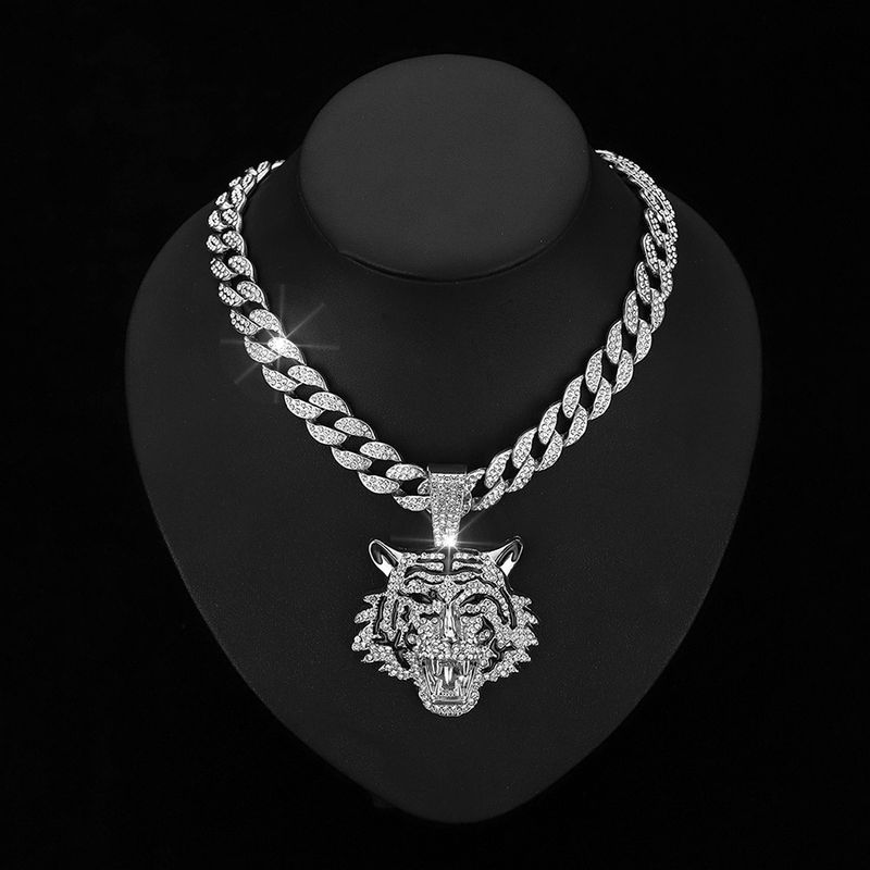 Colier cu pandantiv cu tigru hip hop 3D cu lanț cubanez de cristal de 13 mm, coliere cu gheață hip hop cu gheață, bărbați, femei, bijuterii cu farmec de modă_voghion.com