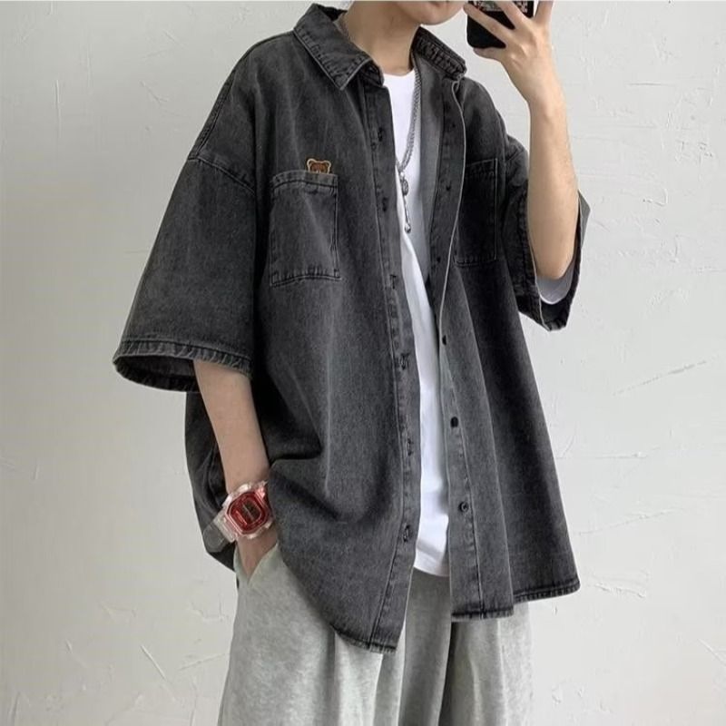Sommerliches kurzes Jeanshemd für Männer, Ins Style, trendiges Nischendesign, lässige lockere Halbarmjacke_voghion.com