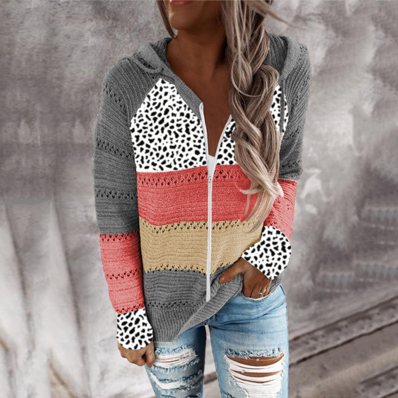 Roupas femininas New Wish Outono e Inverno Listrado Com Capuz Suéter Estampa Leopardo_voghion.com
