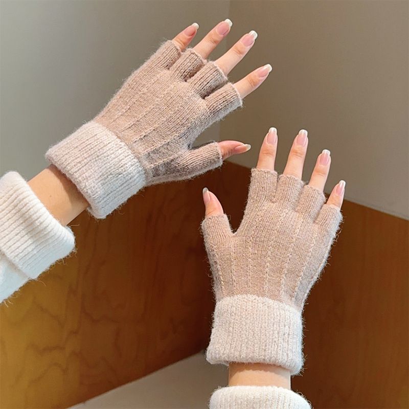 Winter Student Half-Finger Knitted Wool Fleece Touchscreen Writing Cycling Anti-Slip Fingerless Warm Gloves_voghion.com