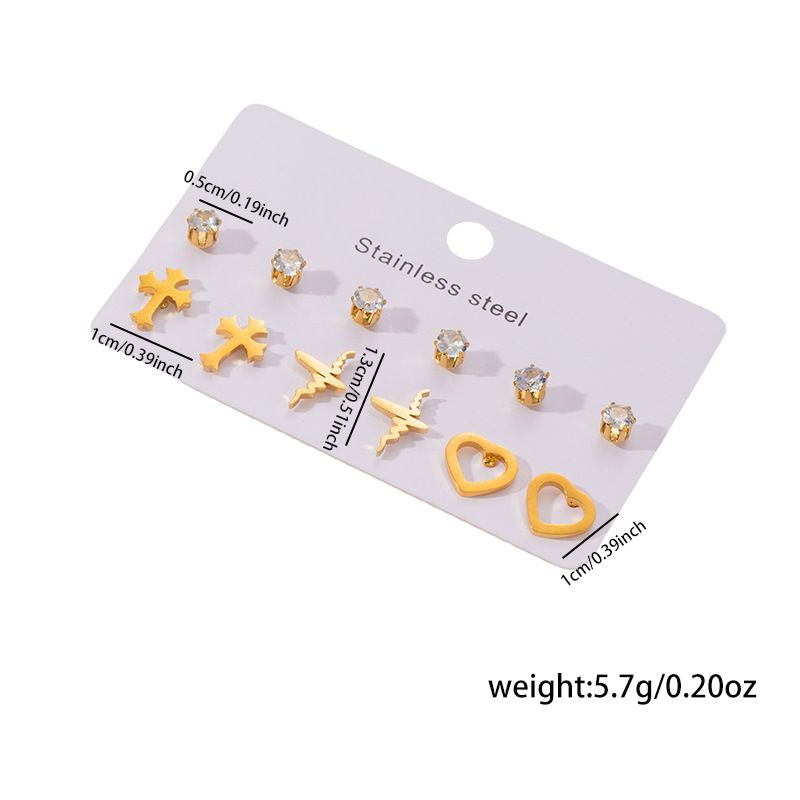 1 Set Simple Style Geometric Heart Shape Butterfly Irregular Plating Titanium Steel Zircon Ear Studs_voghion.com