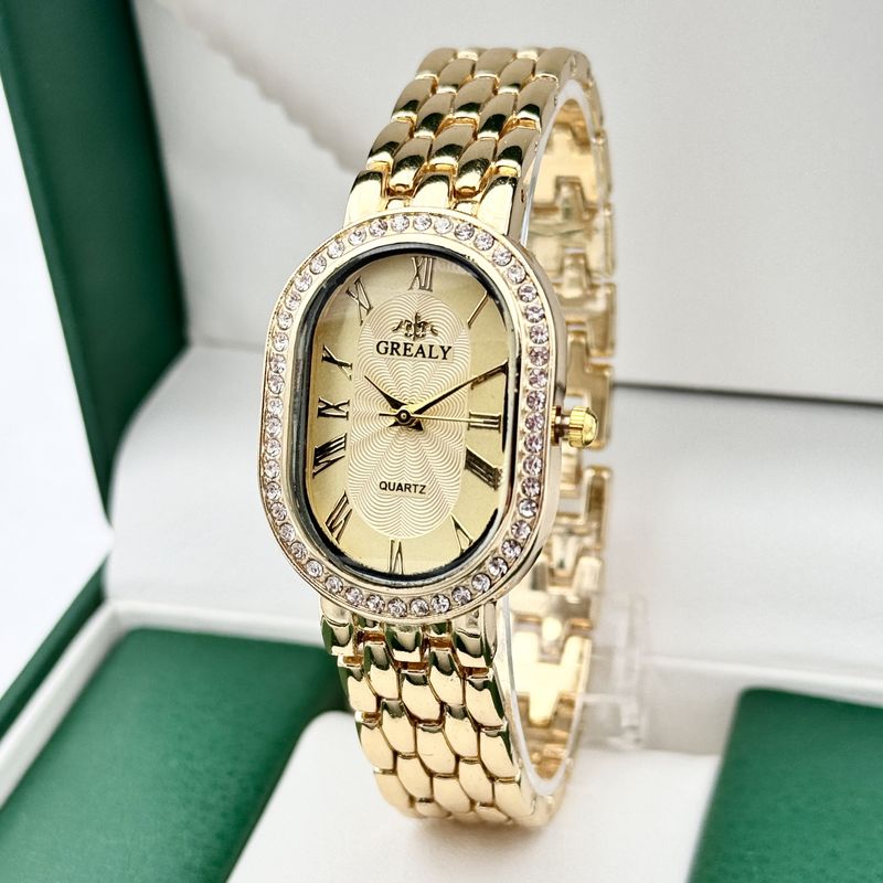 Orologio al quarzo con quadrante ovale romano con intarsi di diamanti, di lusso, alla moda da donna GREALY_voghion.com