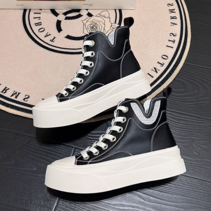 Casual High-Top White Shoes Women's 2023 Autumn New Thick-Soled Board With Lace-Up Sports Students' All-Match Breathable_voghion.com