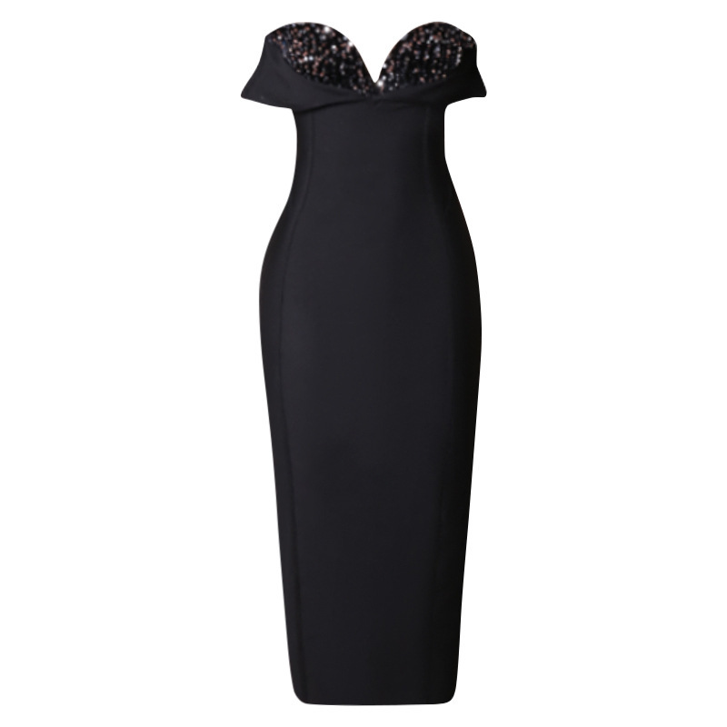 Abito da donna da donna con temperamento mondana foderato in mattoni, tubino nero, design di nicchia, abito da sera per banchetti dimagrante di fascia alta_voghion.com