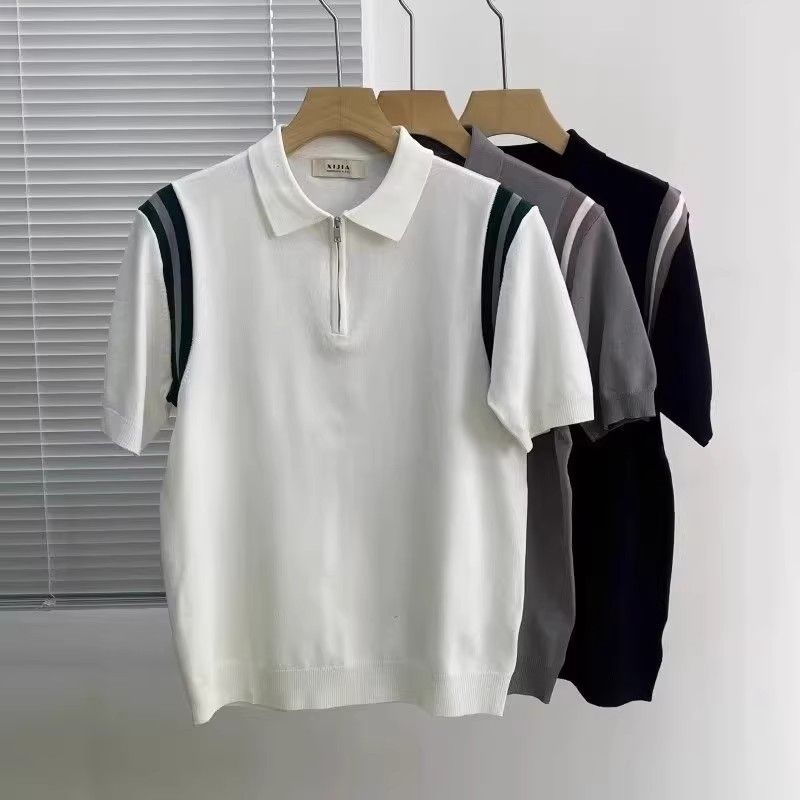 Men's Clothing Half zip Polo Shirt Knitted Short sleeved T shirt Men's Summer New Fashion Contrast Color Splicing Half sleeved Top_voghion.com