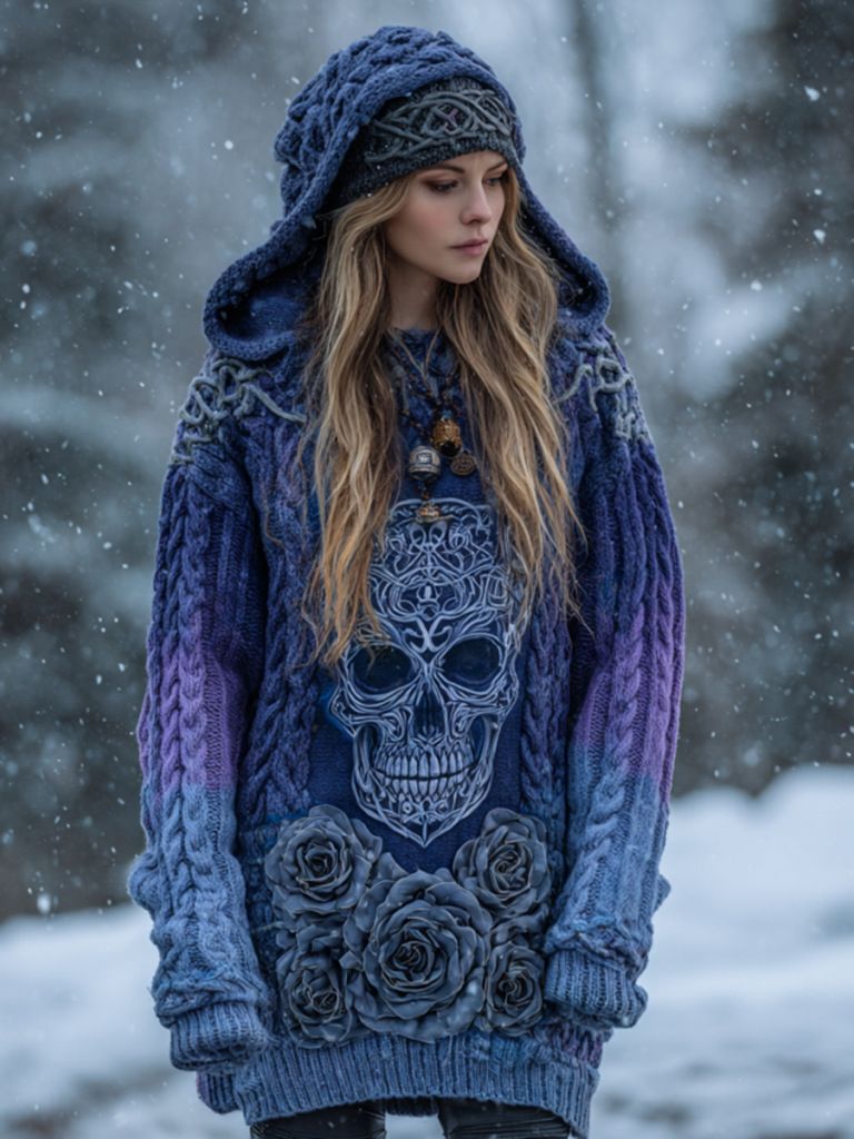 Gemütlicher Oversize-Kapuzenpullover für Damen – 3D-bedruckter Streetwear-Pullover, Langarm-Oberteil mit überschnittenen Schultern im Gothic-Stil_voghion.com