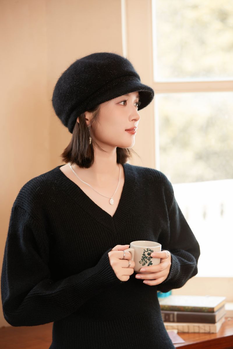 Rabbit Fur Blend Knitted Earflap For Women, Elegant Stylish Autumn And Winter Woolen Duckbill Cap, Face Slimming_voghion.com