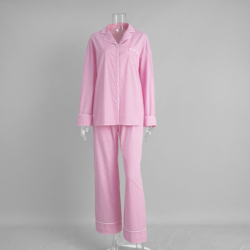 Women's Long Sleeve Pajama Set 100% Cotton Soft Sleepwear Loungewear V-Neck Plaid Print Home Outfit_voghion.com