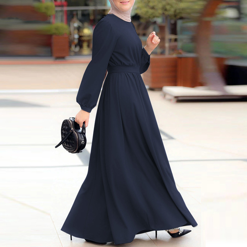 Damska długa sukienka z długim rękawem w jednolitym kolorze muzułmańska szata maxi Elegancka islamska odzież Szata kobieca turecka sukienka_voghion.com