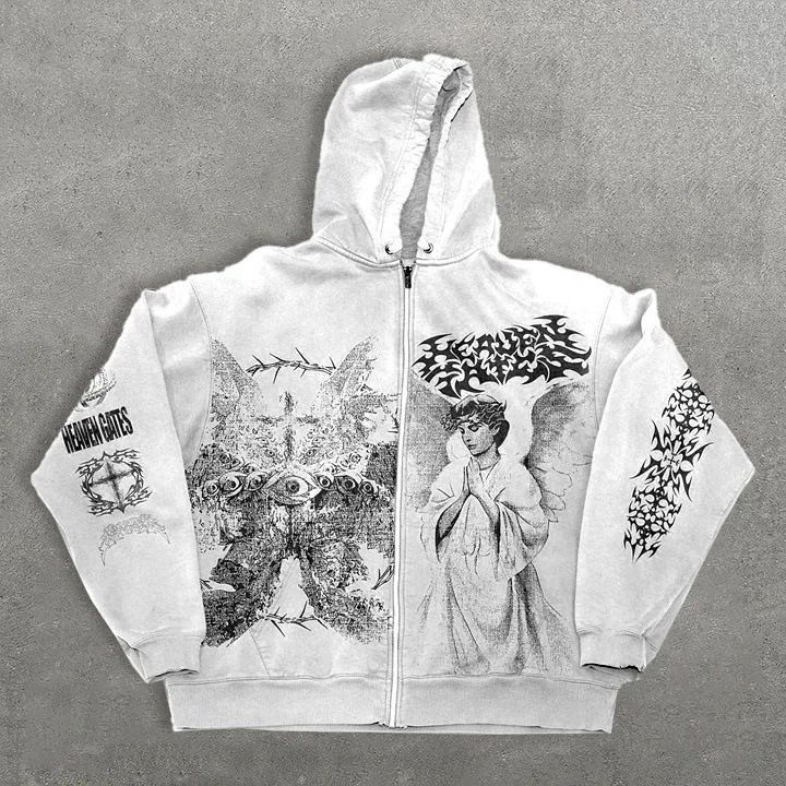 New Angel Print Hoodie Zipper Unisex Loose Sweater Y2K Retro Style_voghion.com