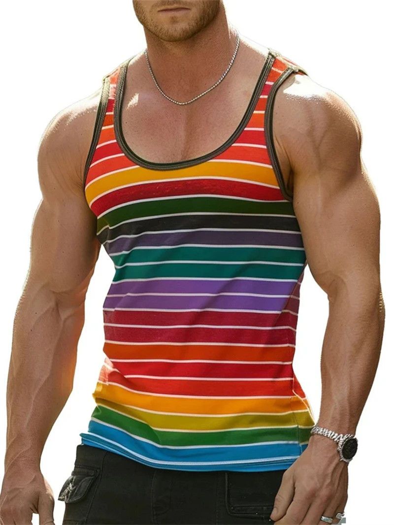 Spring And Summer Hot Striped Series Holiday 3D Printed Trendy Men's Top Polyester Loose Vest_voghion.com