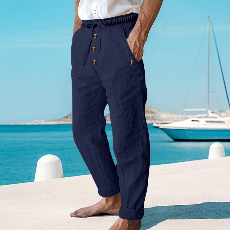 Spring And Autumn American Beach Solid Color Cotton Linen Loose Drawstring Button Casual Pants For Men_voghion.com