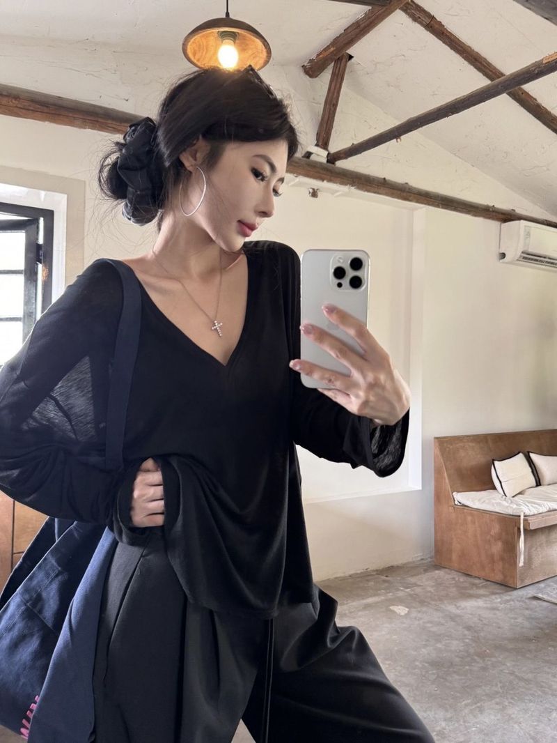 Ragazza Estate Aria Condizionata Sottile Copricostume Jazz Danza Stile Pigro Protezione Solare Top Scollo a V Profondo da Donna Leggermente Trasparente Largo_voghion.com