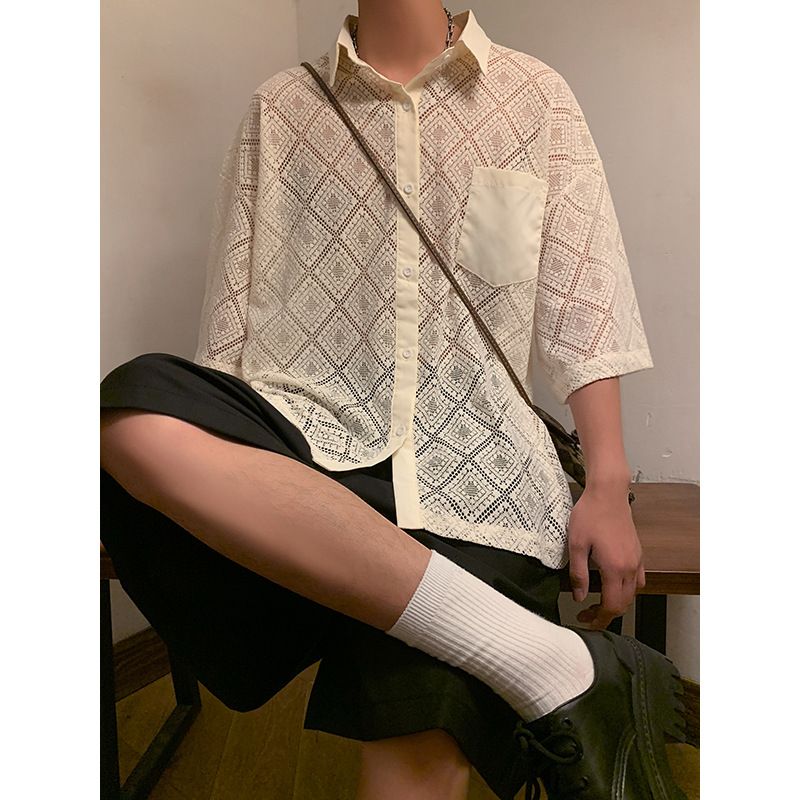 Camicia a maniche corte con risvolto sottile, da uomo, estiva, retrò, ampia, con tasche a 5 punti_voghion.com