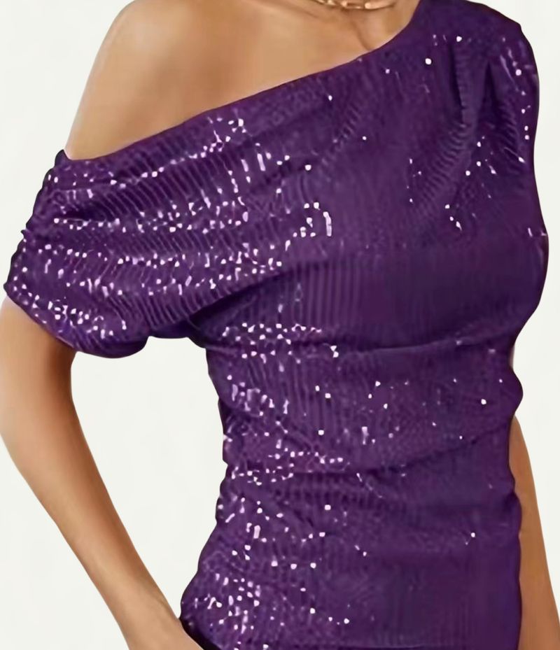 Vêtements pour femmes T-shirt d'été à manches courtes et col oblique avec perles pailletées et paillettes_voghion.com