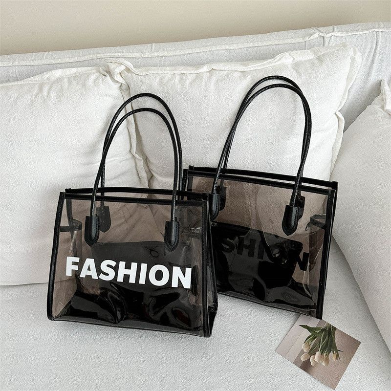 Borsa da spiaggia impermeabile in gelatina trasparente con stampa di lettere personalizzate, borsa a secchiello di grande capacità per le donne_voghion.com