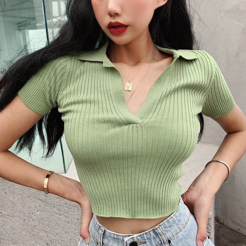 Women's Clothing Summer Retro Lapel Shirt Knitted Short Sleeve T Shirt V Neck Slim Short Navel Exposed Top_voghion.com
