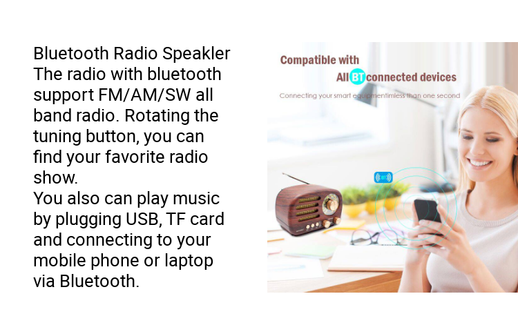 Hordozható rádió Vintage rádió Retro Bluetooth hangszóró, FM/AM/SW Régimódi Klasszikus Stílus, Állítható Antenna, Újratölthető Akkumulátoros és USB_voghion.com