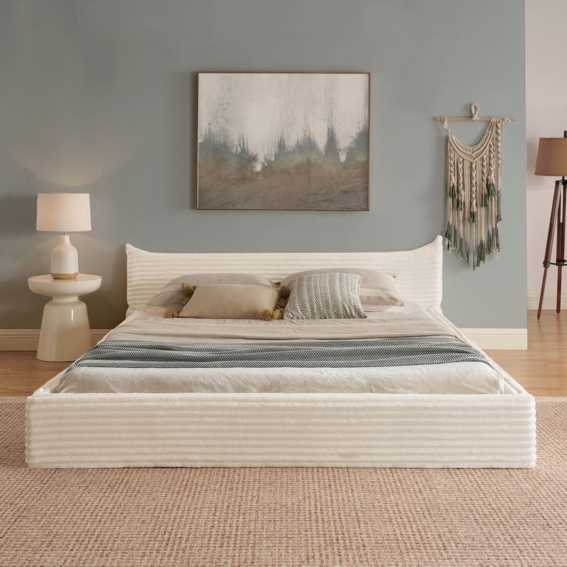 Doppelbett 140x200cm, Samt-Chenille-Bezug, Eukalyptusholz, Beige_voghion.com