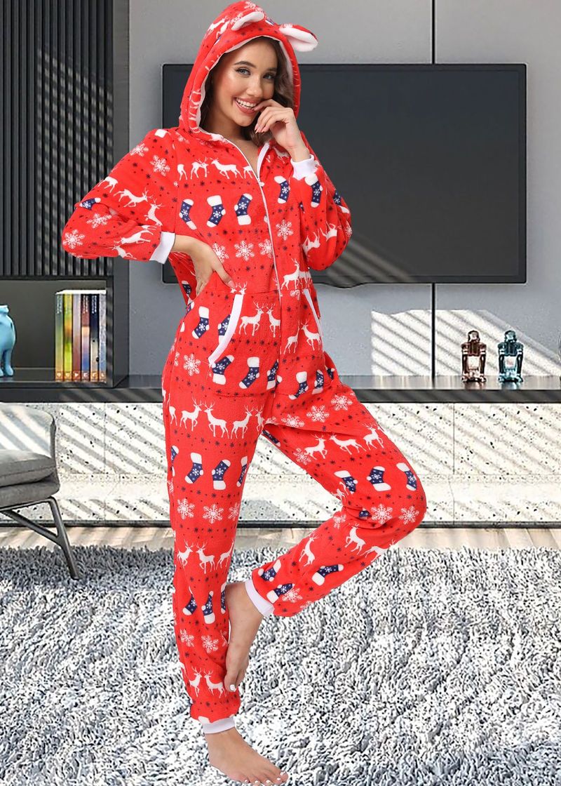 women's Christmas deer snowflake flannel hooded jumpsuit pajamas home clothes_voghion.com