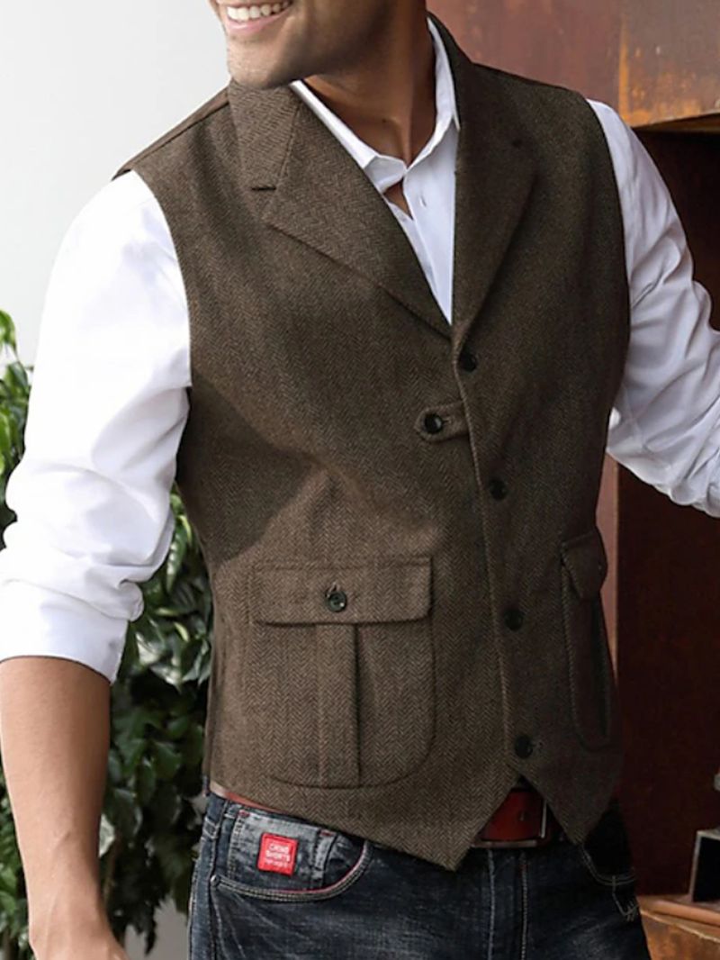 Gilet in tweed a spina di pesce da uomo – Gilet con revers retrò per uno stile formale e casual (grigio, marrone, blu navy, verde scuro, dalla S alla XXL)_voghion.com
