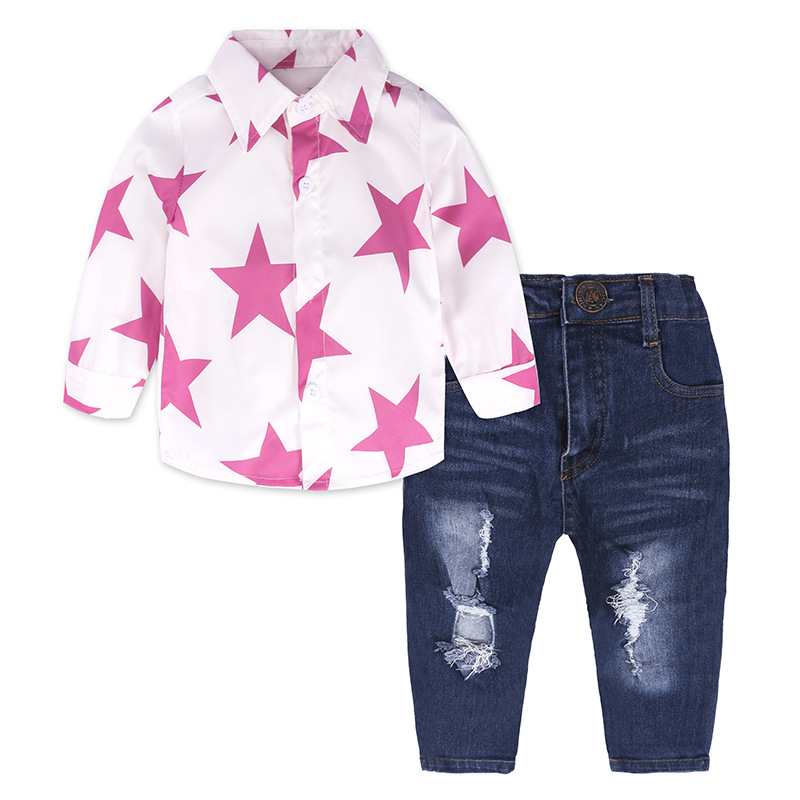 Mother&Kids Fünfzackiges Langarmshirt + Jeanshose für Mädchen_voghion.com