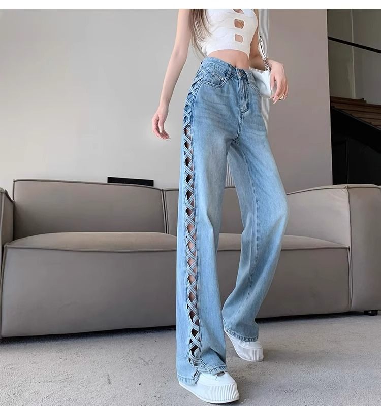 Abbigliamento da donna, design primaverile ed estivo, pantaloni sottili e versatili a vita alta lunghi fino al pavimento_voghion.com