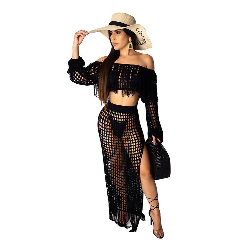 Conjunto de duas peças de saia de praia com borla de malha casual feminina_voghion.com