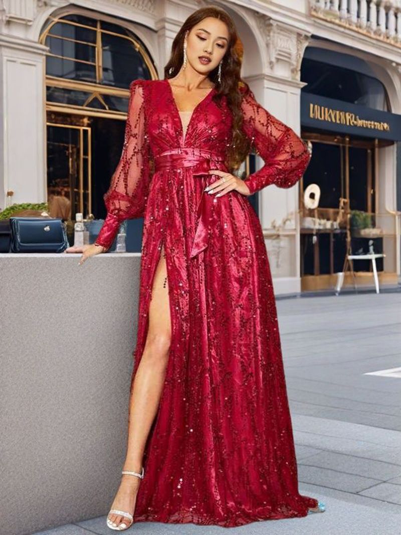 Langes Abendkleid für Damen, elegant, Herbst/Winter, neue schwarze Seiden-Mesh-Pailletten, auffälliges Kleid für Partys, formelle Anlässe, Vestidos_voghion.com