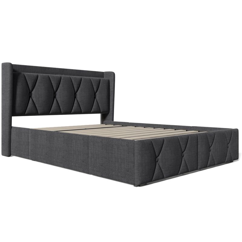 Cadre de lit double avec rangement 140 x 200 cm, avec port USB, tête de lit capitonnée et 4 tiroirs, sommier à lattes en bois gris (avec matelas)_voghion.com