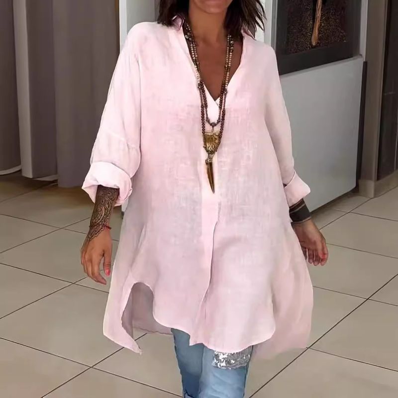 Abito camicia casual da donna in cotone e lino con spacchi larghi_voghion.com