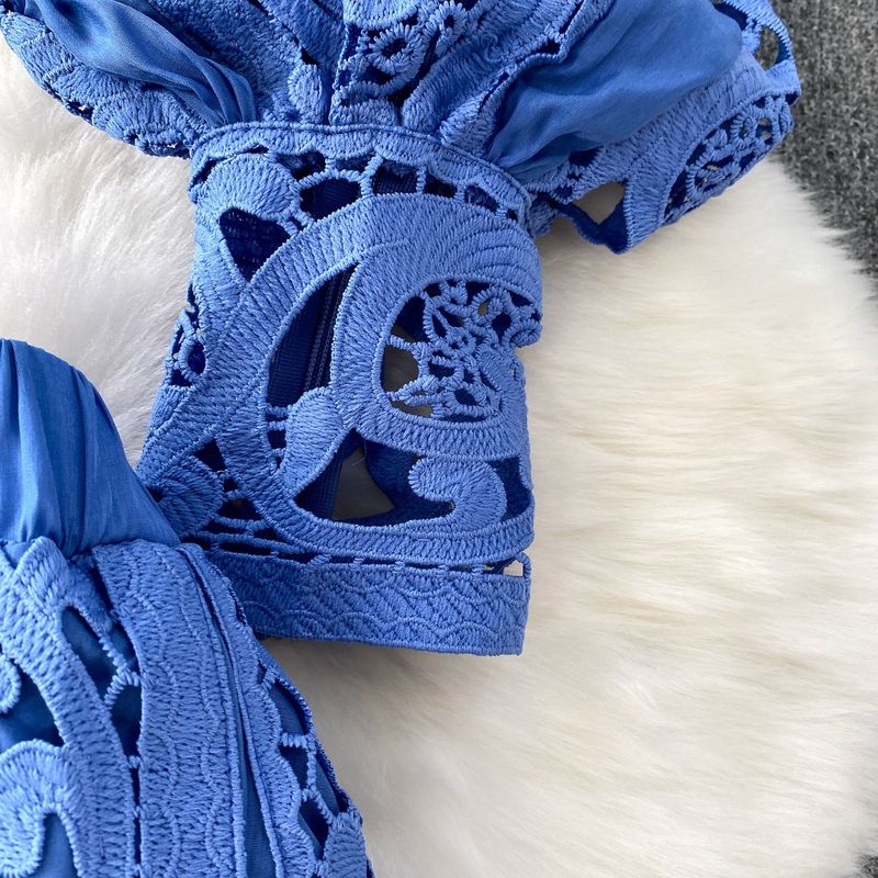 Ensemble trois pièces pour femme, haut à manches lanternes et jupe taille haute, style doux, crochet rose, dentelle ajourée, motif floral_voghion.com