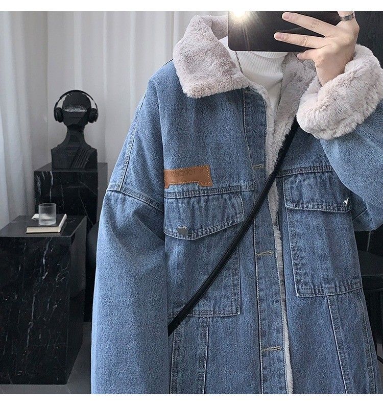 Lammwolle-Jeansjacke für Herren, Retro, amerikanische High Street, lockere Fleecejacke, Baumwollmantel_voghion.com
