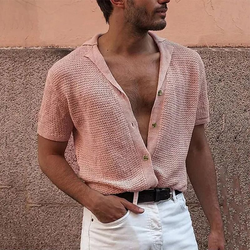 Îmbrăcăminte bărbătească la modă cardigan bărbătesc casual cu rever și mânecă scurtă, cardigan tricotat cu un singur nasture, pulover bărbătesc_voghion.com