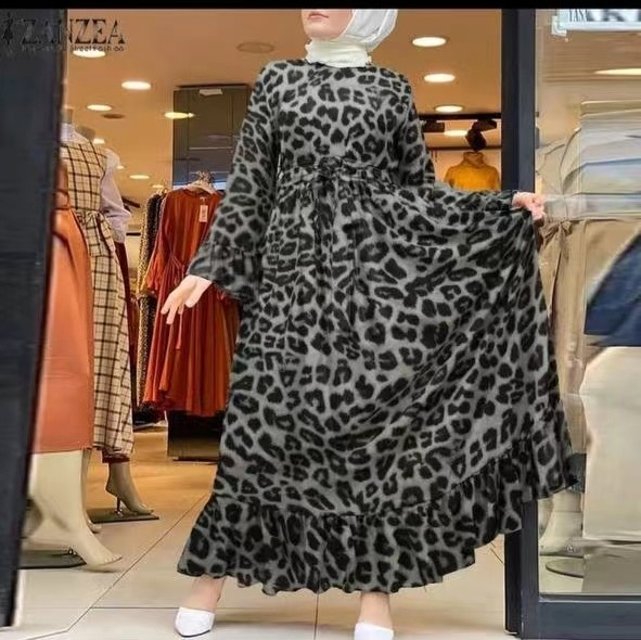 Bequemes, langärmliges Trägerkleid im muslimischen Leopardenmuster für Damen im Casual-Stil_voghion.com