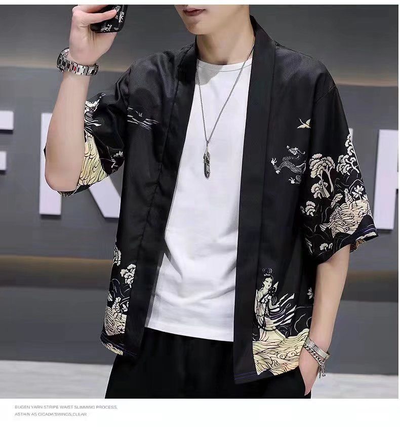 Chinese Style Couple Cardigan Kimono Men And Women Loose Ukiyo-e Seven Quarter Sleeves Crane Robe Shirt_voghion.com