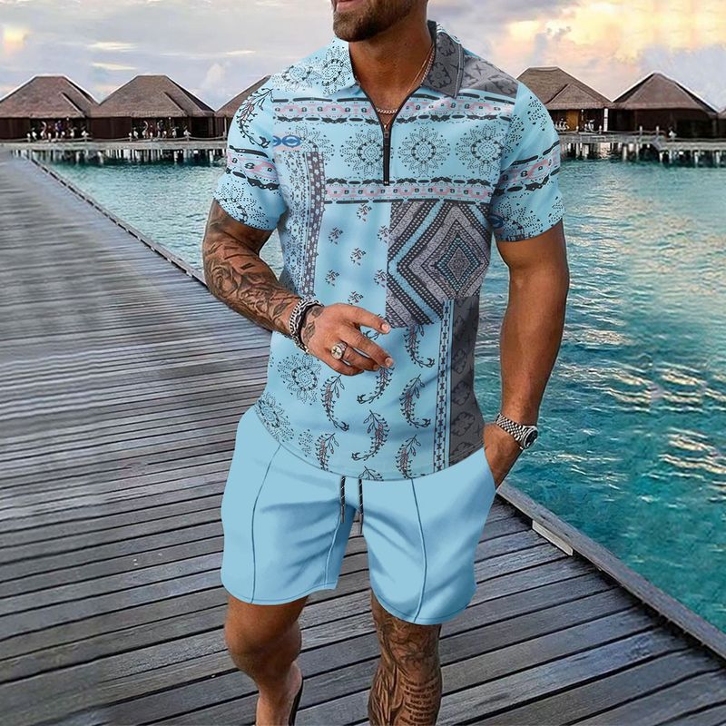 2025 Summer New Men's Casual Beach Coconut Print Short Sleeve Shorts Two-piece Casual Men's Summer Suit_voghion.com