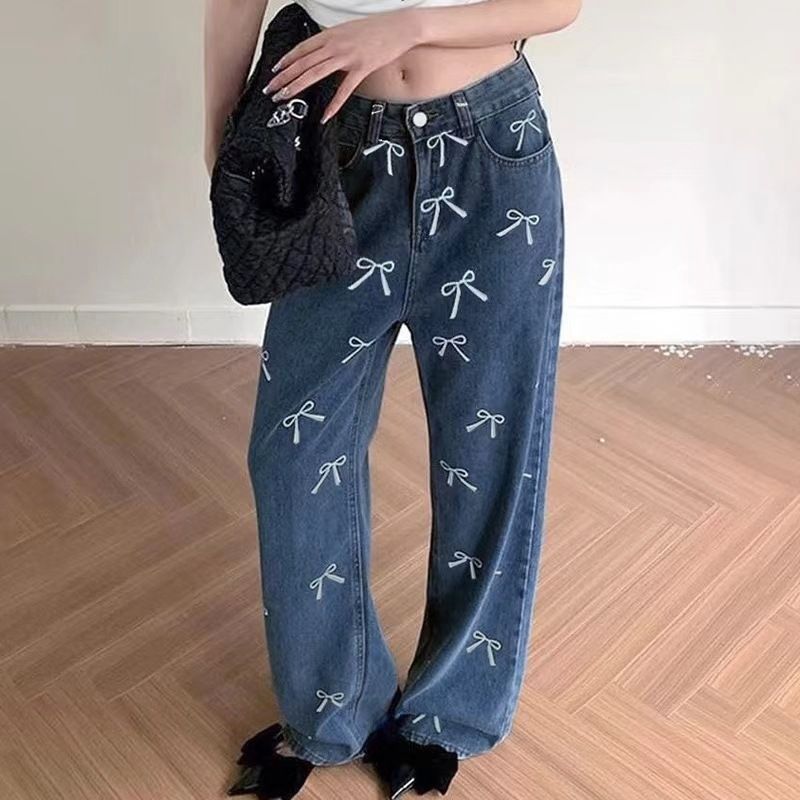 Trendy American Sweet & Spicy Style Bow-Print Loose Fit Jeans - Streetwear Casual Straight Leg Pants For Women_voghion.com