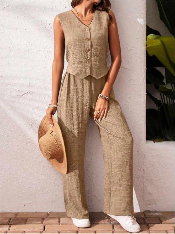 Damenbekleidung Leinen Sommer Casual Pendeln Vorderknopf Weste und Hose Set V-Ausschnitt Weste_voghion.com