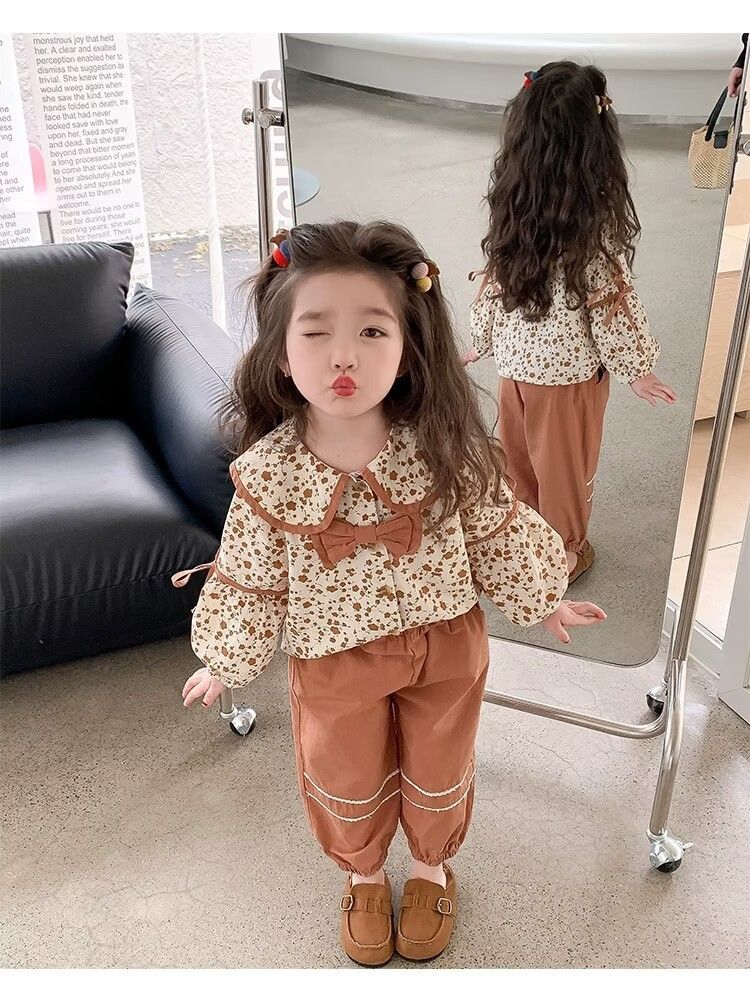 Ragazze e autunno 2023 nuova moda femminile bambino primavera collezione bambini floreale fiocco due pezzi set_voghion.com