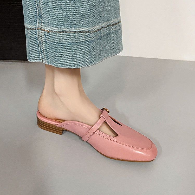 Flat Bottomed 2025 Summer New Baotou Slippers Soft Leather Women's Shoes With Thick Heels And A Straight Strap For_voghion.com