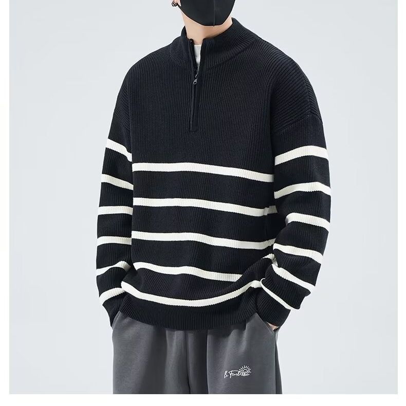 Neuer halbhochgeschlossener gestreifter Pullover mit Reißverschluss für Herren im Herbst und Winter, einfacher und vielseitiger, modischer und locker sitzender Pullover-Strickpullover_voghion.com