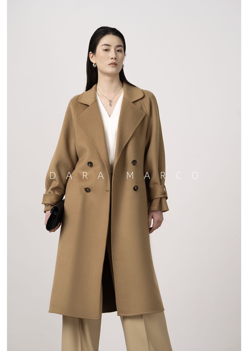 Trench double-face di lusso in misto cashmere e seta per donna – Elegante design con spalle scese, cappotto lungo aderente con drappeggio lusinghiero_voghion.com