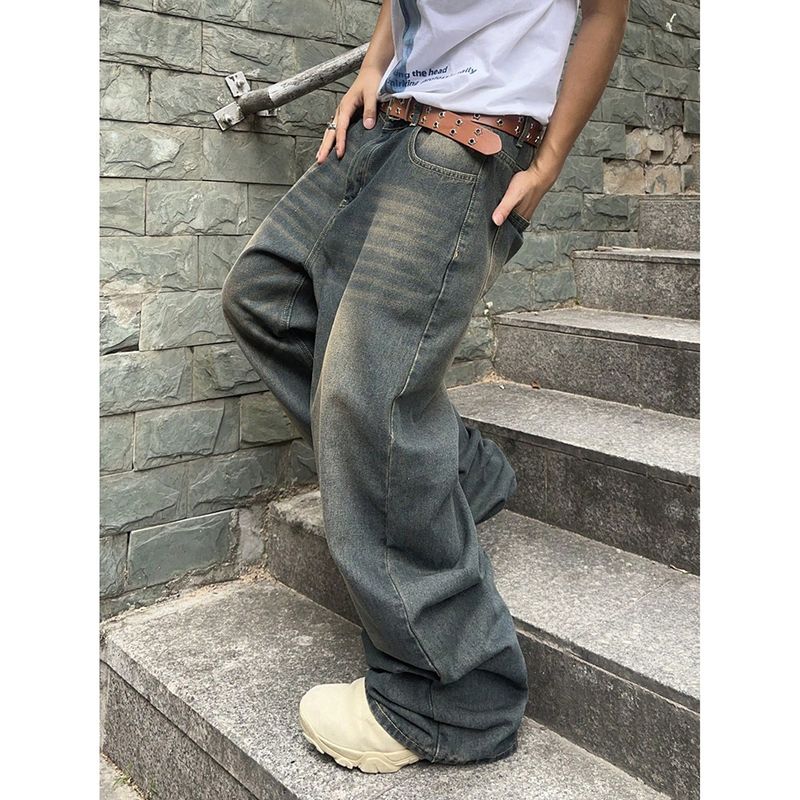 Men's Clothing Spring And Autumn Washed Old Design Jeans Loose Floor Mopping Wide Leg Long Pants_voghion.com