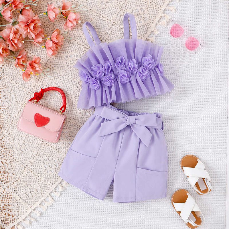 Abbigliamento da stipendio del tesoro, reggicalze a fiori tridimensionali in rete primaverile ed estiva, pantaloncini, set per bambini alla moda_voghion.com