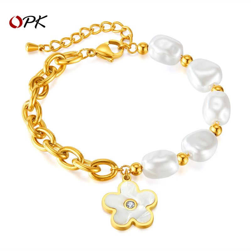 Bracciale OPK in acciaio inossidabile versatile, elegante e alla moda, con fiore in madreperla e lussuoso bracciale in acqua dolce naturale_voghion.com